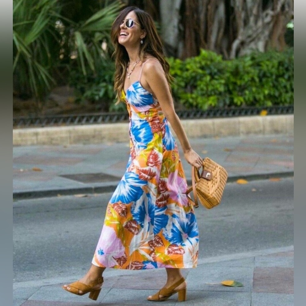 ZARA Blogger Favorite Tropical Print Midi Dress Linen Blend